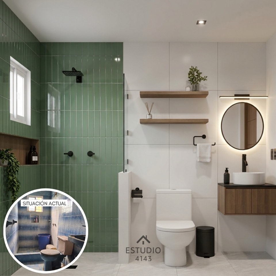 Baño con azulejo verde y acabados en madera