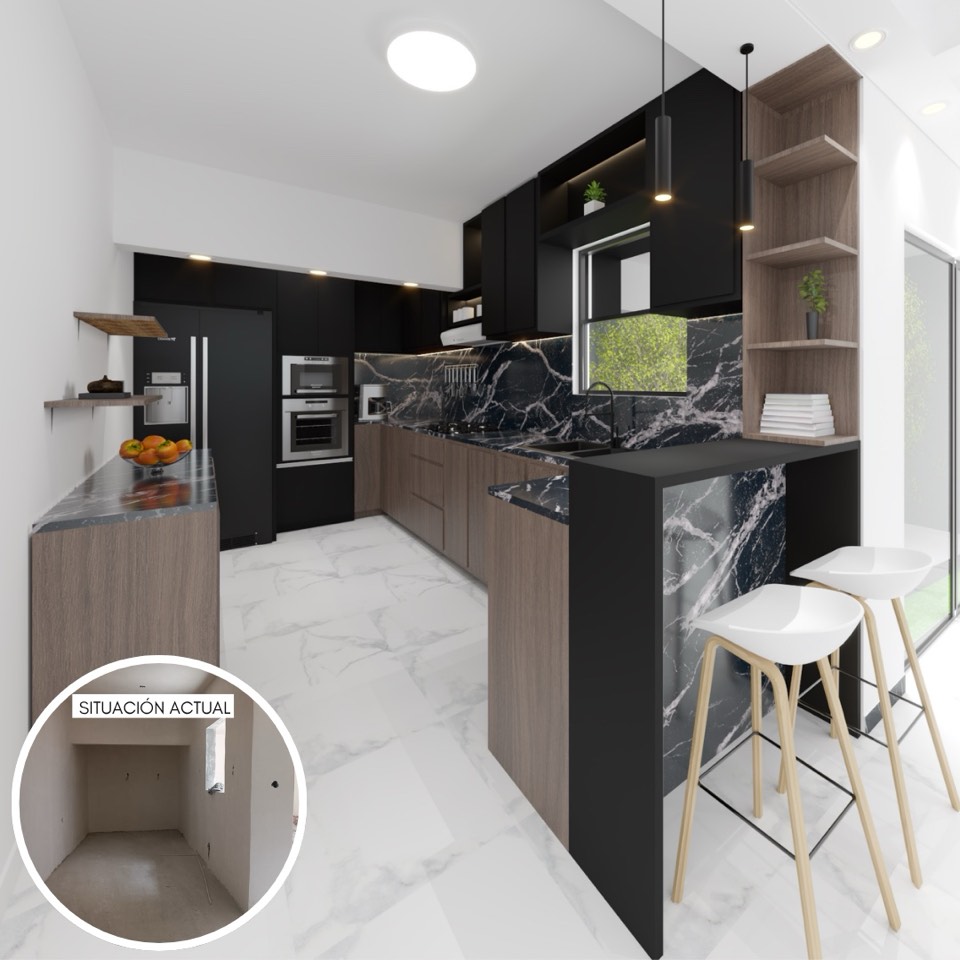 Cocina con acabados en negro, mármol y madera