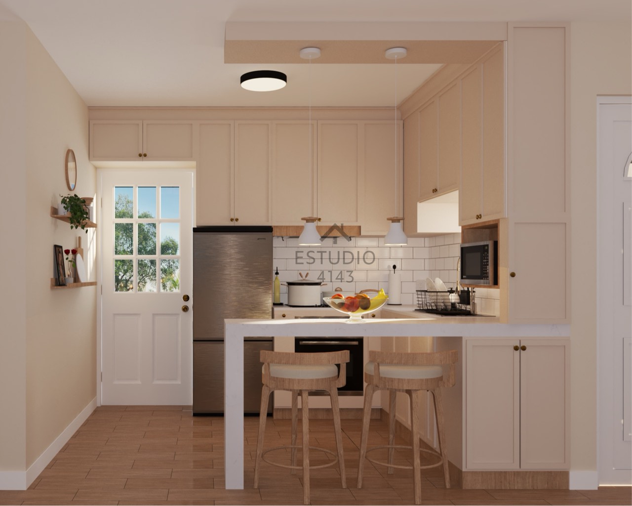 Cocina moderna con isla, madera y tonos oscuros