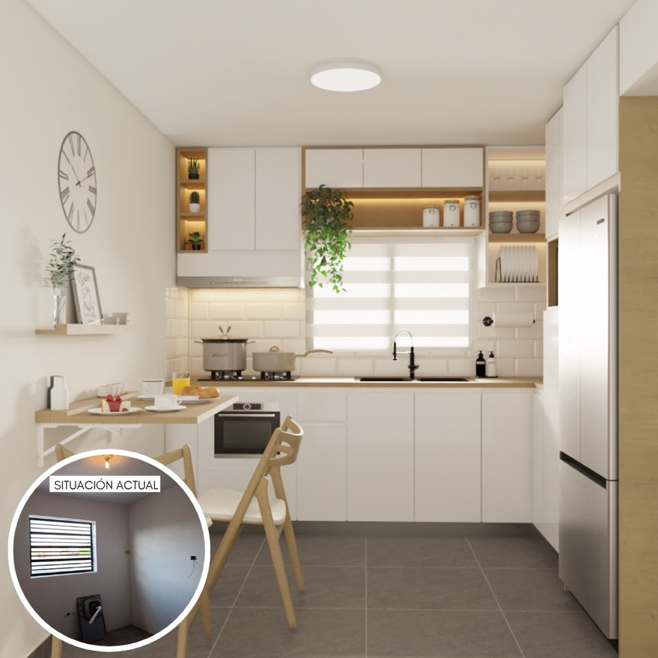 Cocina en blanco y madera con barra de desayuno