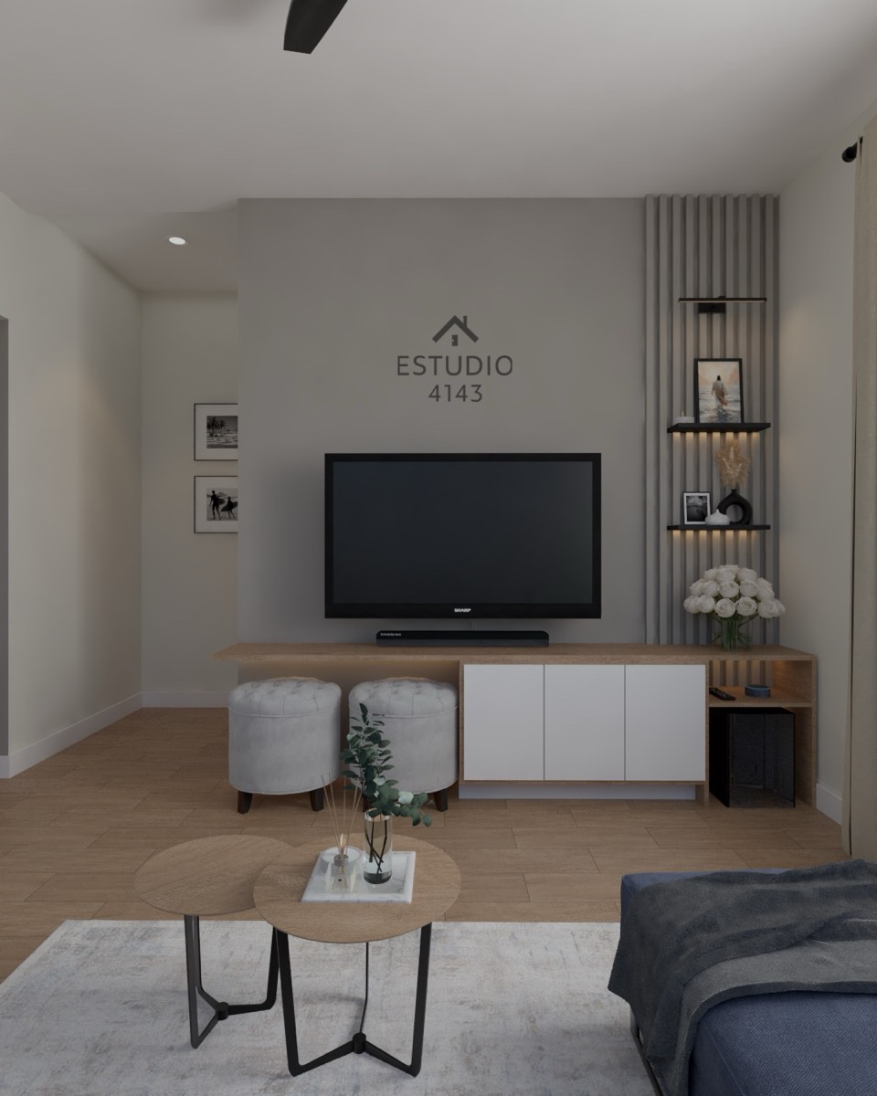 Sala de TV con mueble a medida y panel ranurado